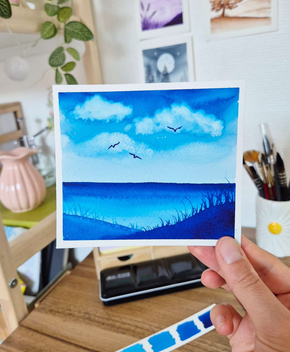 aquarelle monochrome bleu