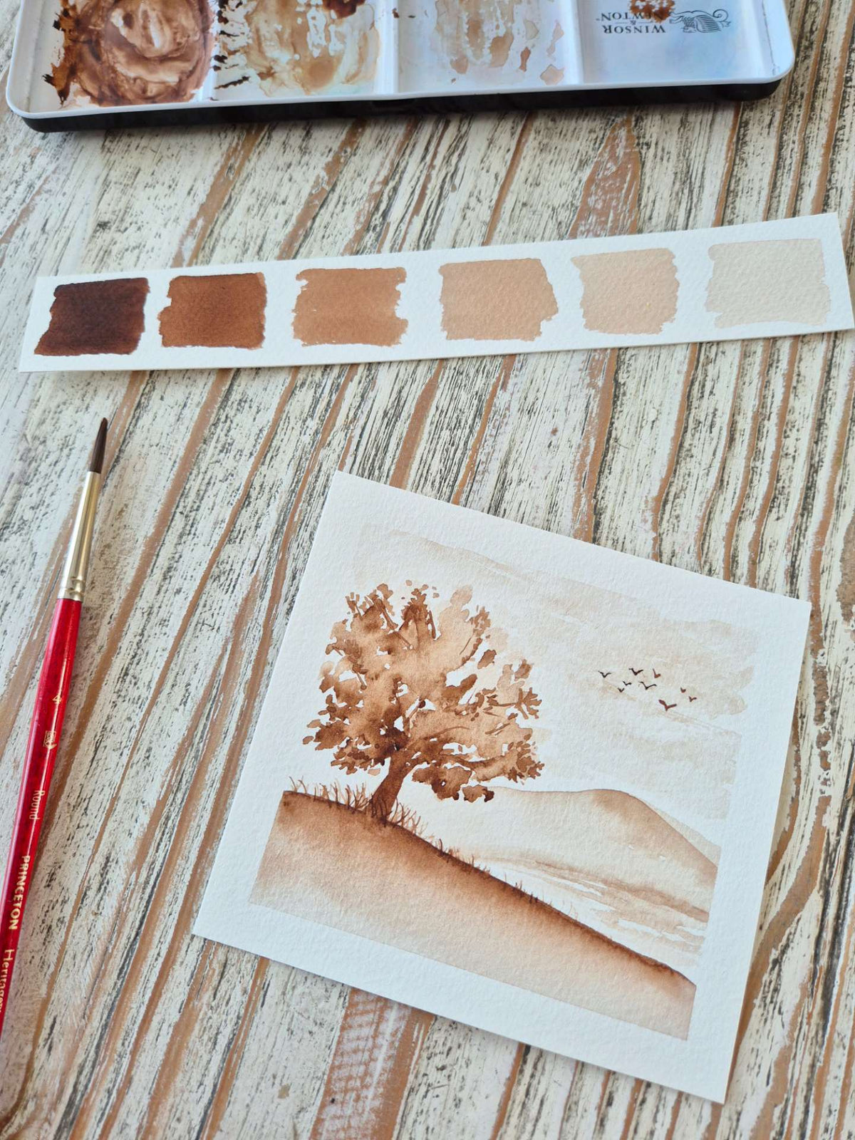 aquarelle monochrome marron arbre et lac